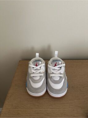 Jordan Kids White, Gray and Blue Sneakers with Red Logo